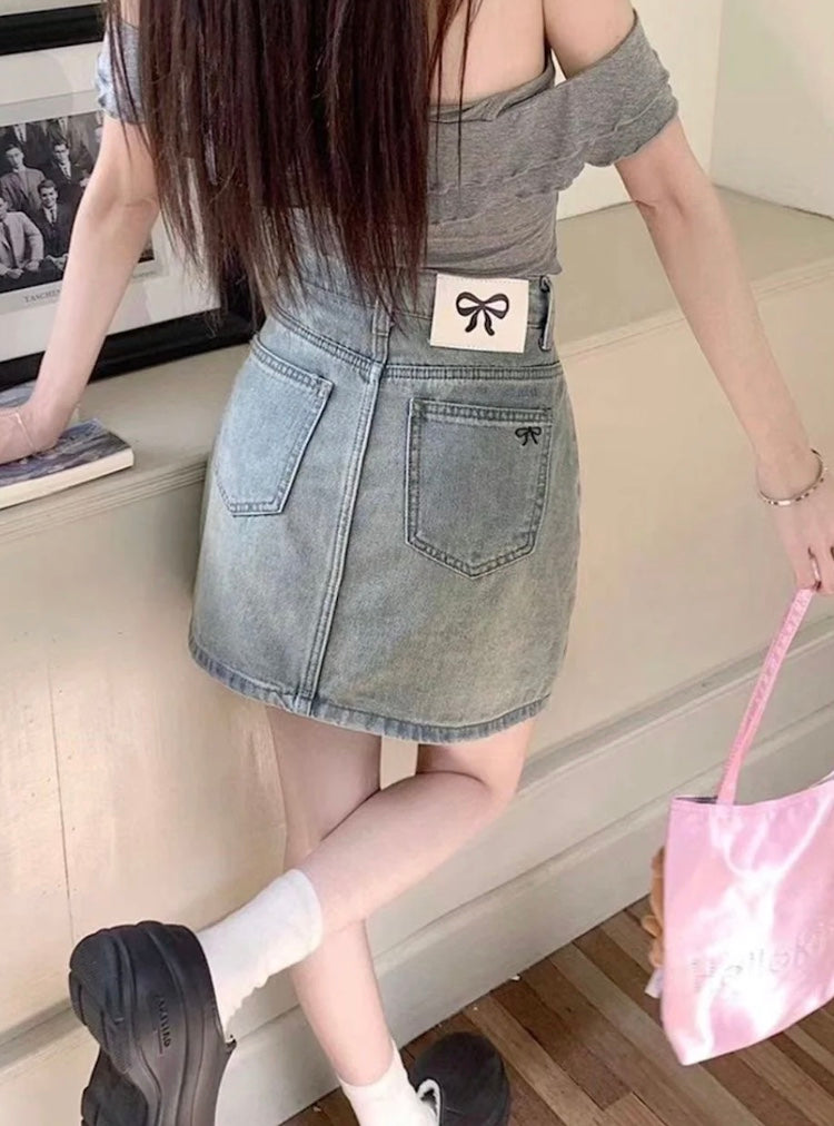 バックリボンミニデニムスカート – Meari cheek