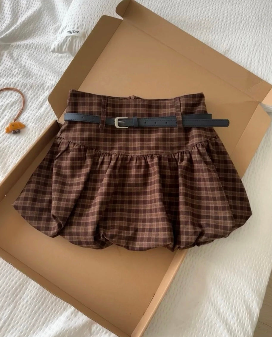 コントラストチェック柄バルーンスカート – Meari cheek