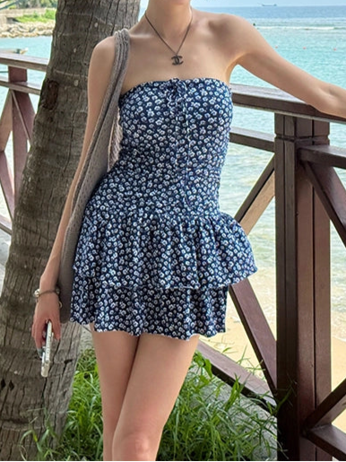 フラワーチューブトップワンピース