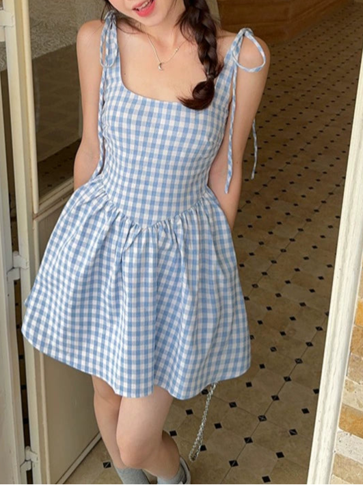 スクエアネックレトロチェックワンピース