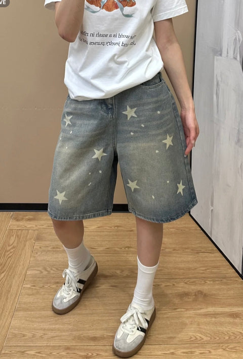 レトロスタープリントハーフデニムパンツ