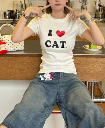 I LOVE CATプリントTシャツ
