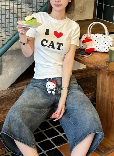 I LOVE CATプリントTシャツ