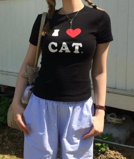 I LOVE CATプリントTシャツ