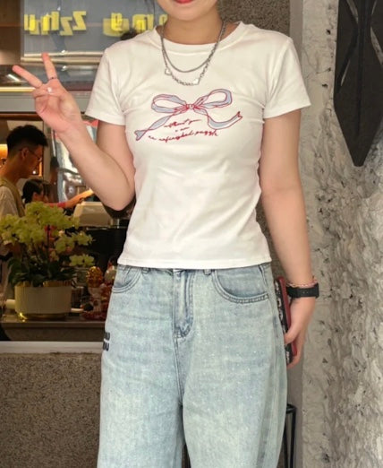 リボンTシャツ 着画有り HOOK】for girls リボンプリントリンガーtシャツ – 《公式》moremore