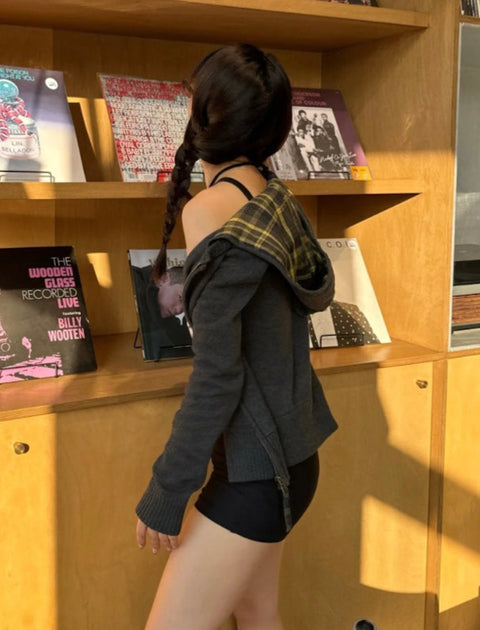 ヴィンテージチェック柄フード付きセーター