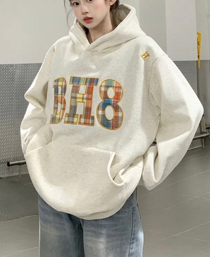 アメリカンチェック柄パッチ刺繍フード付きスウェット