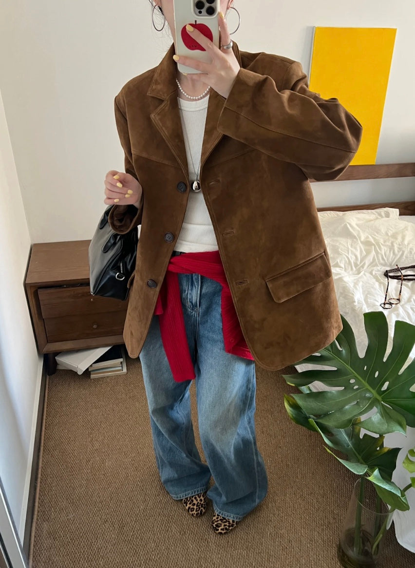 ヴィンテージルーズブラウンスエードジャケット – Meari cheek