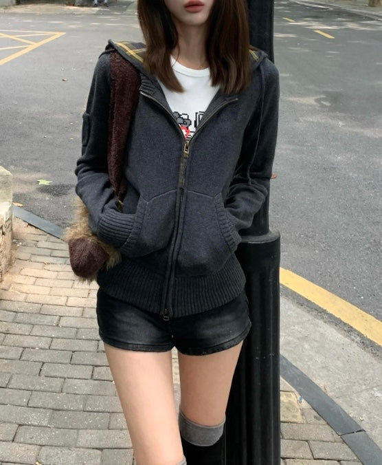 ヴィンテージチェック柄フード付きセーター