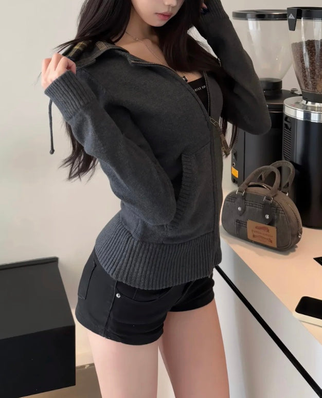 ヴィンテージチェック柄フード付きセーター