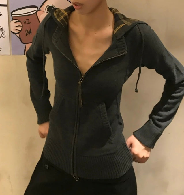 ヴィンテージチェック柄フード付きセーター