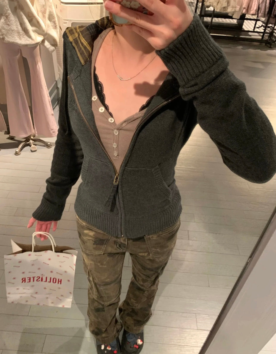 ヴィンテージチェック柄フード付きセーター