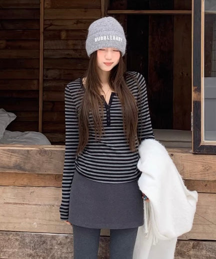 ストライプUネックスリムトップス