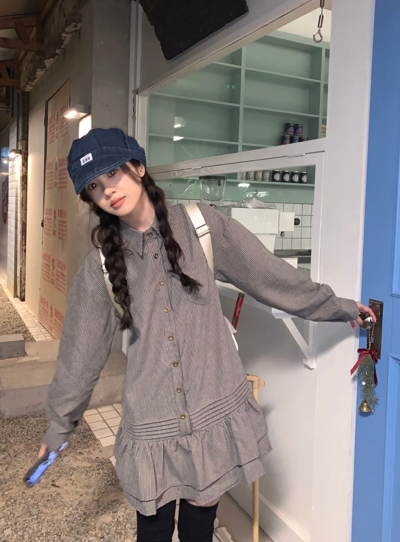 ストライプフリルシャツドレス