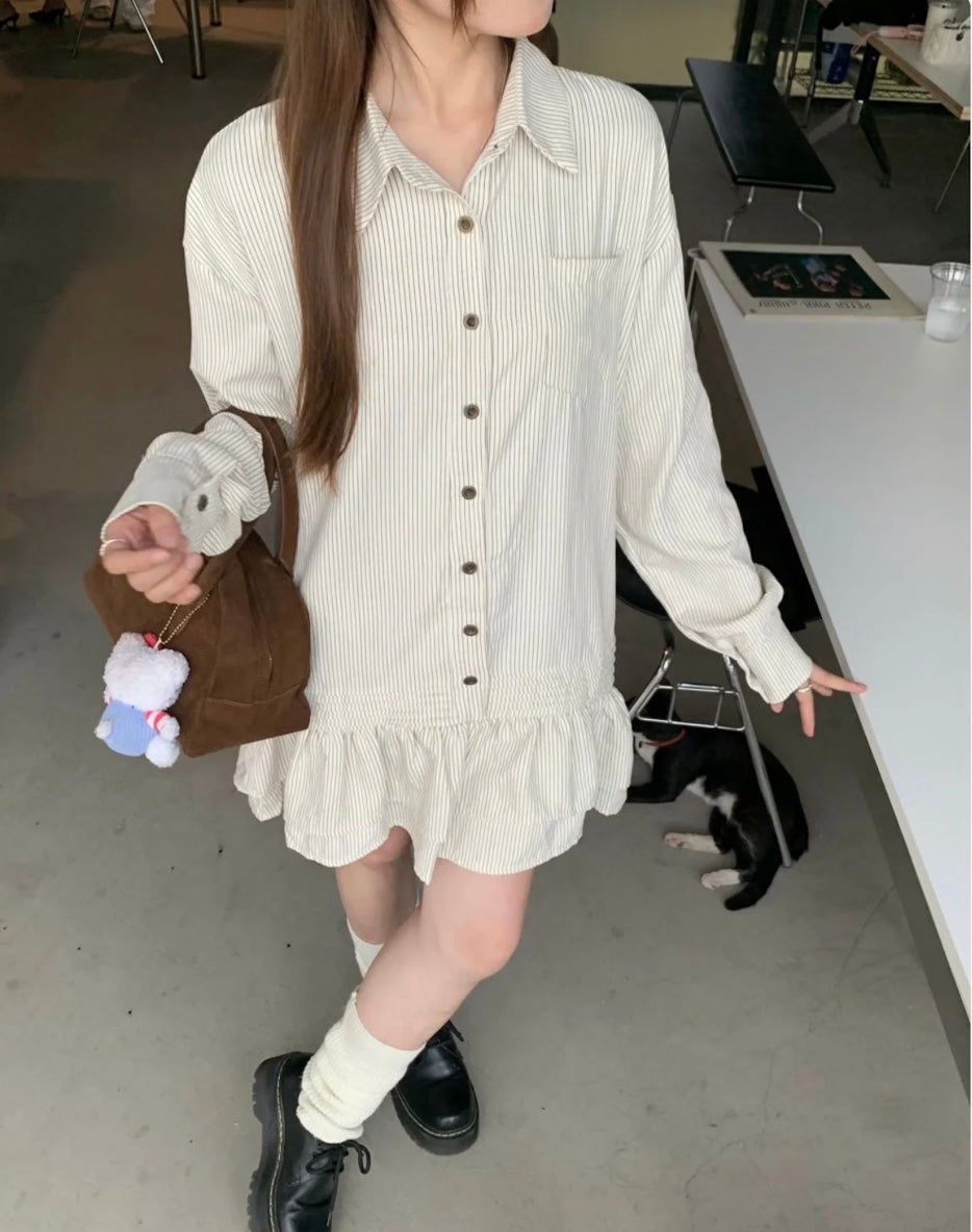 ストライプフリルシャツドレス