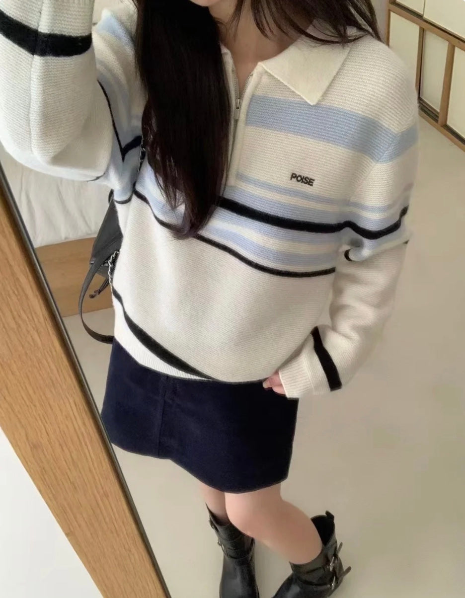 ストライプブルーポロニット