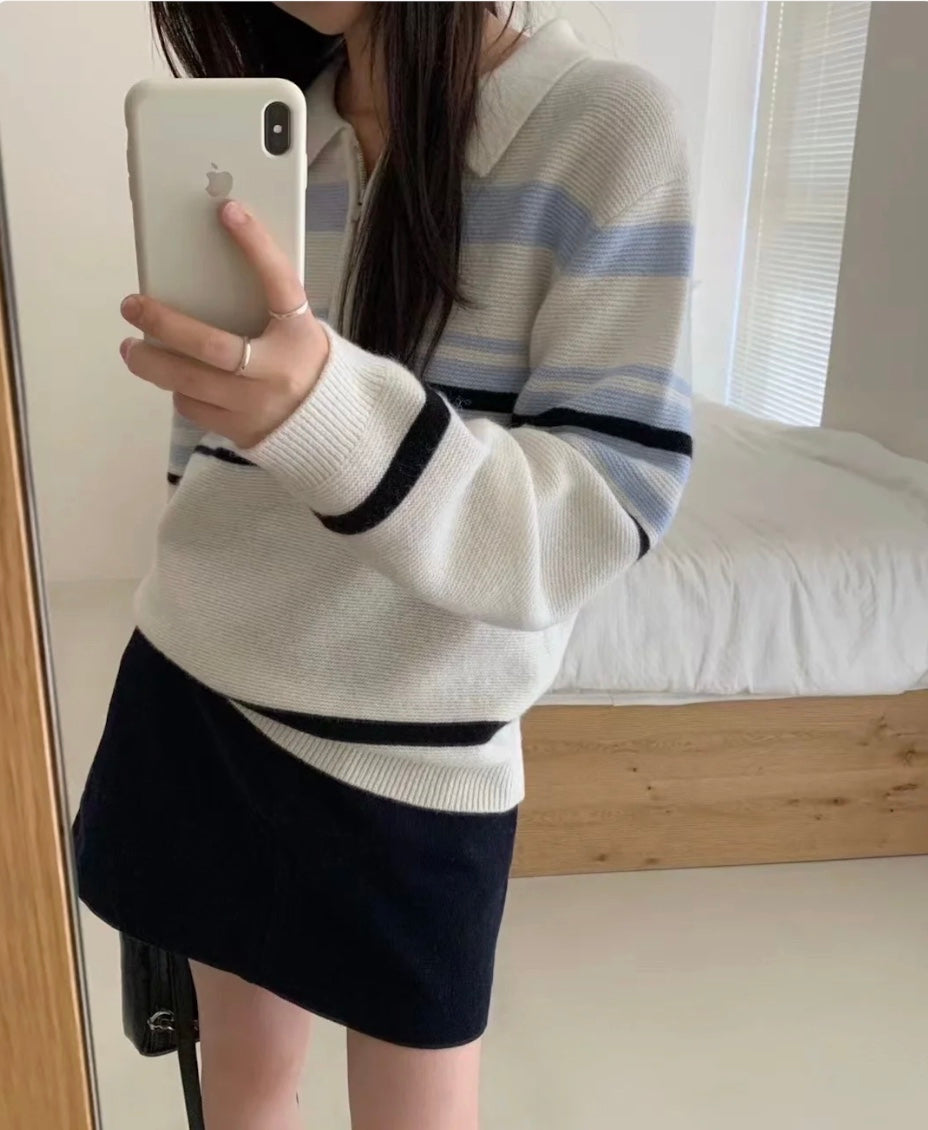 ストライプブルーポロニット