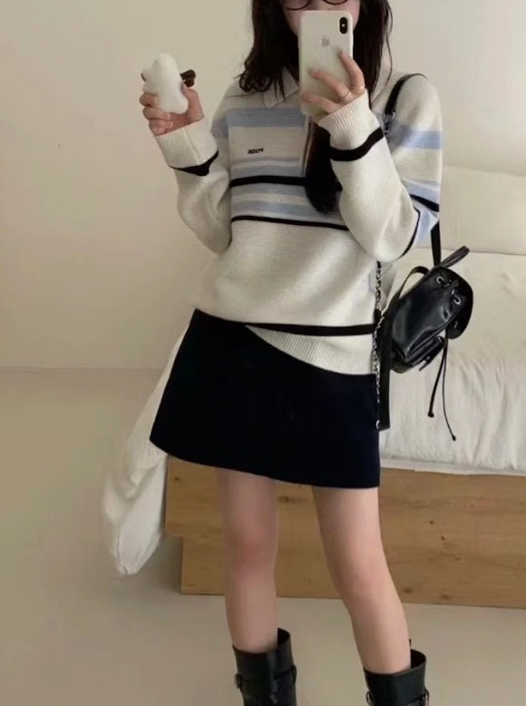 ストライプブルーポロニット