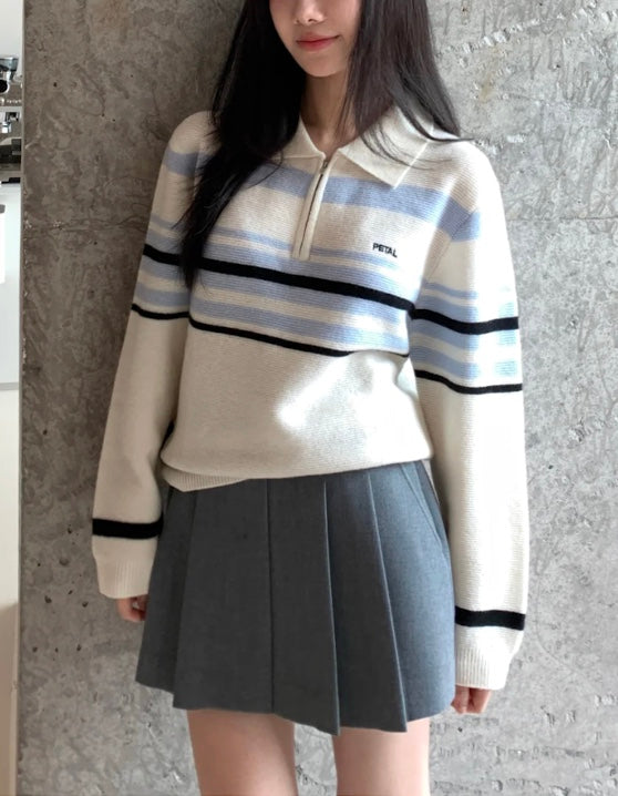 ストライプブルーポロニット