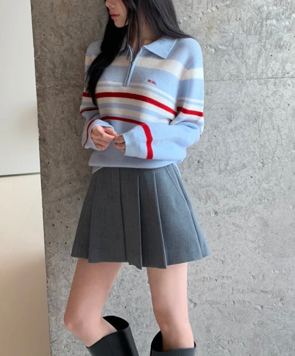 ストライプブルーポロニット