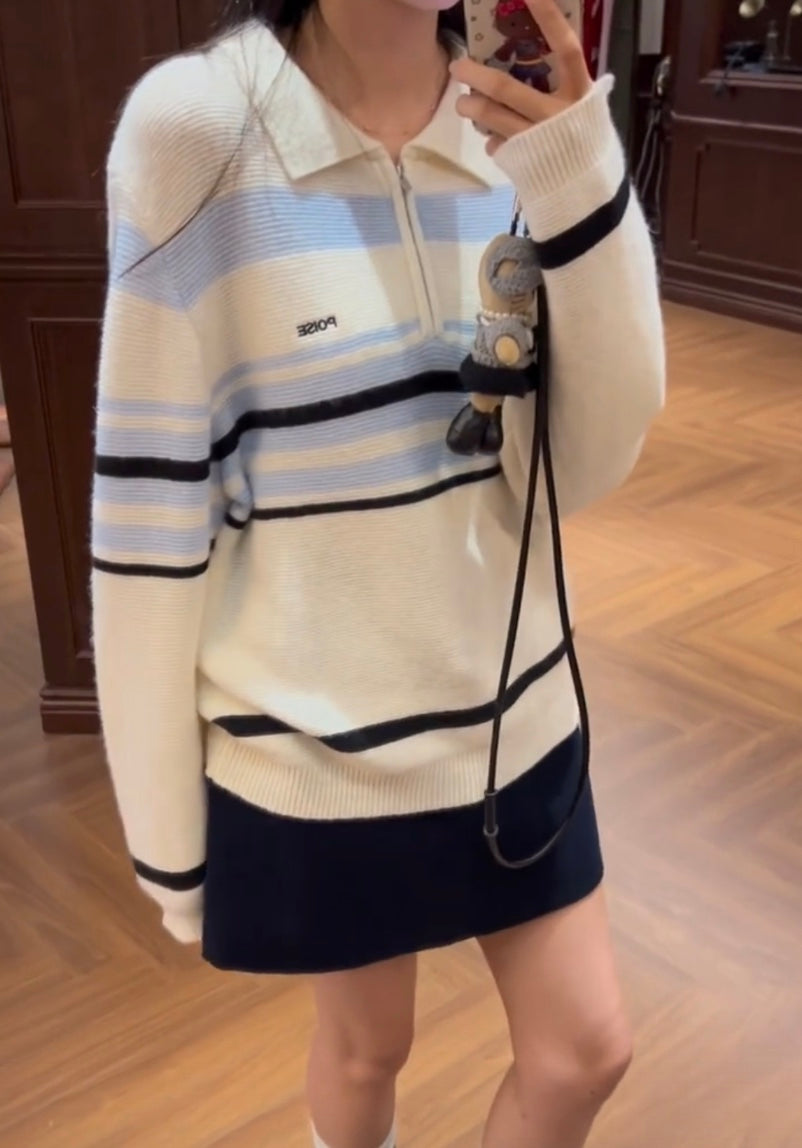 ストライプブルーポロニット