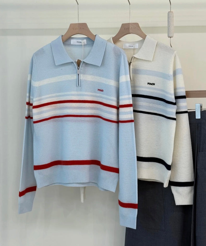 ストライプブルーポロニット