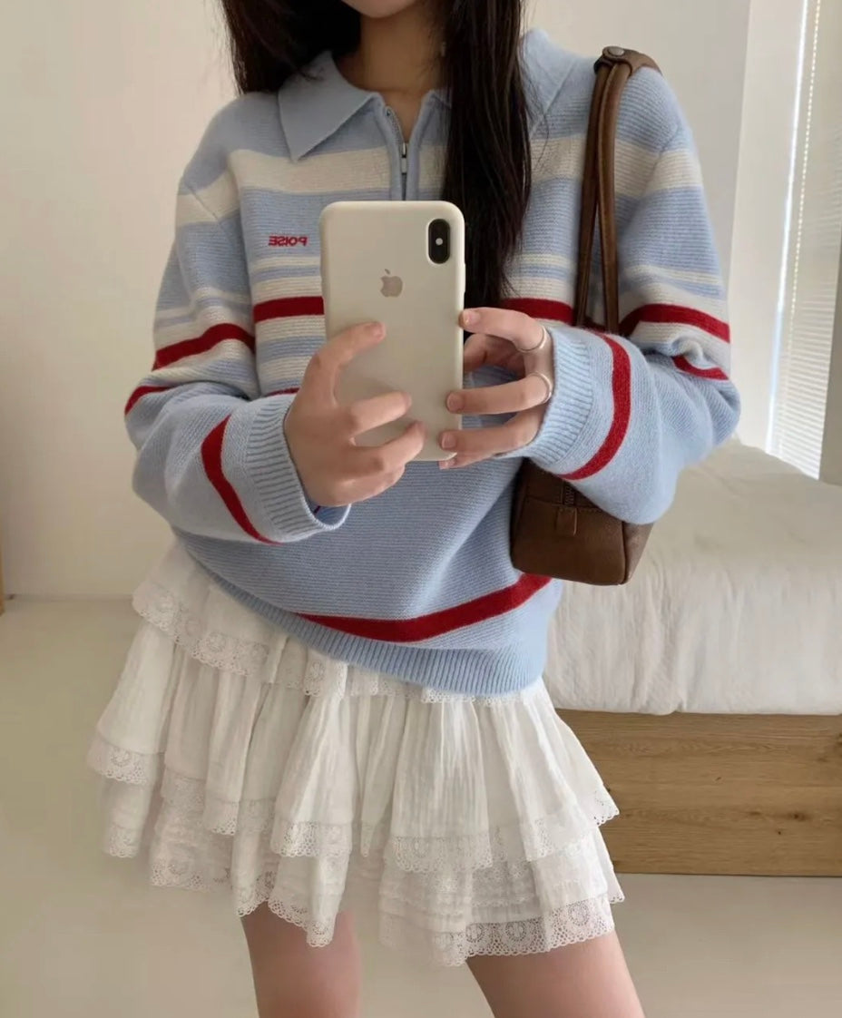 ストライプブルーポロニット