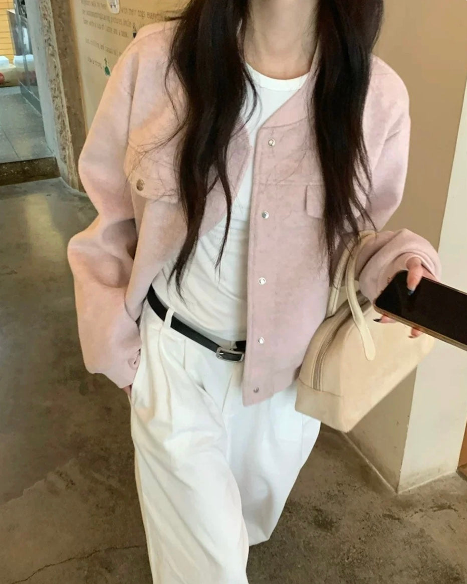 ピンククロップドウールジャケット