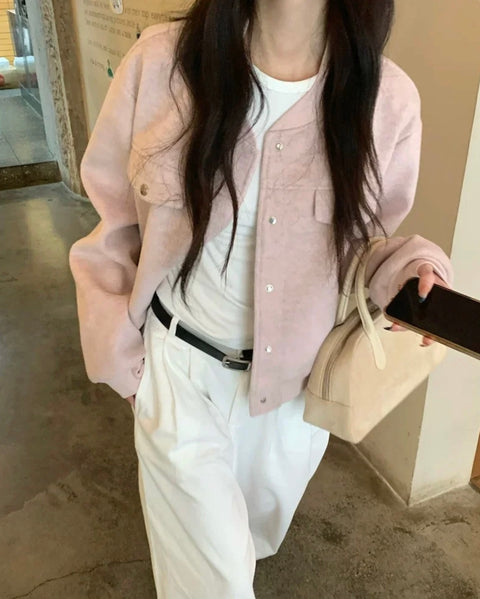 ピンククロップドウールジャケット