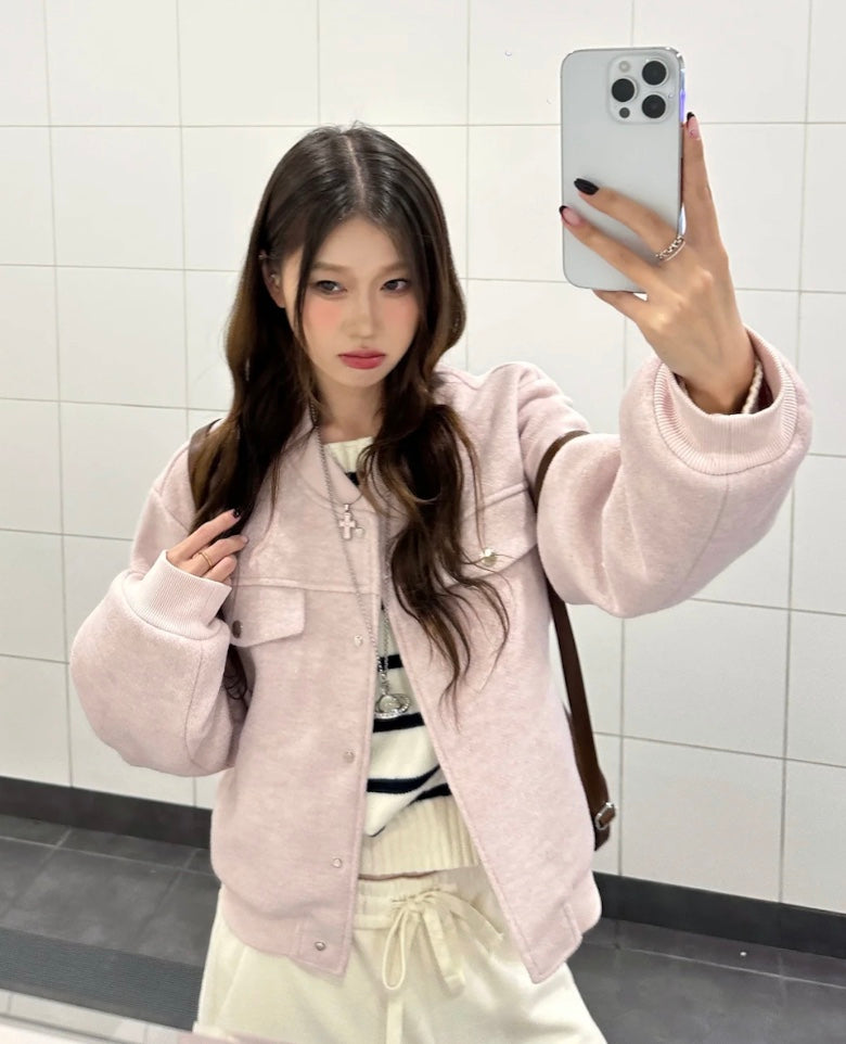 ピンククロップドウールジャケット