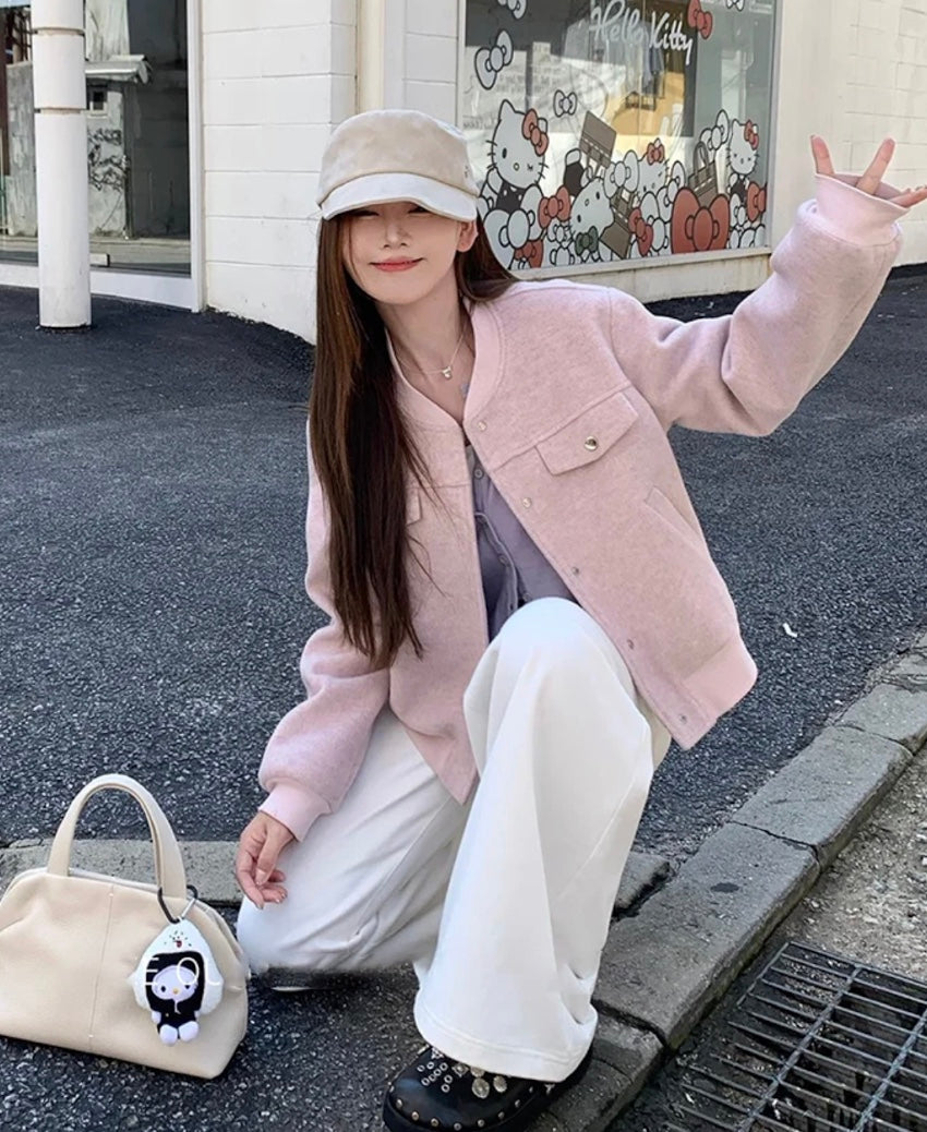 ピンククロップドウールジャケット