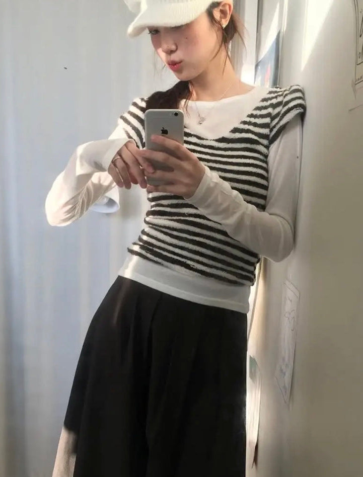 レトロブロッキングストライプニット T