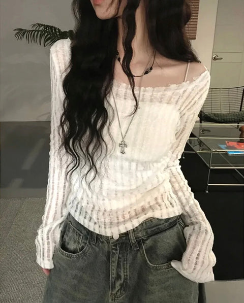 シアーオフショルダーフィットトップス