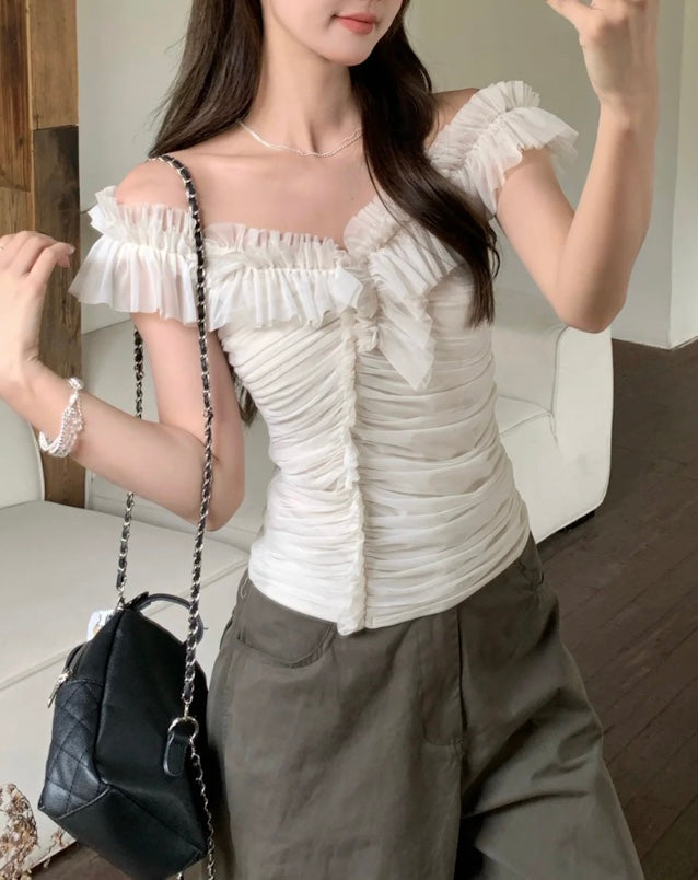 チュールフリルオフショルダートップス