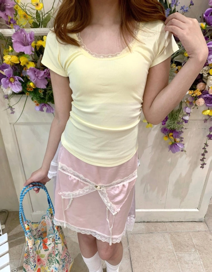 レーストリムリブTシャツ