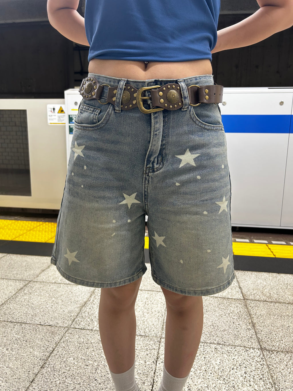 レトロスタープリントハーフデニムパンツ