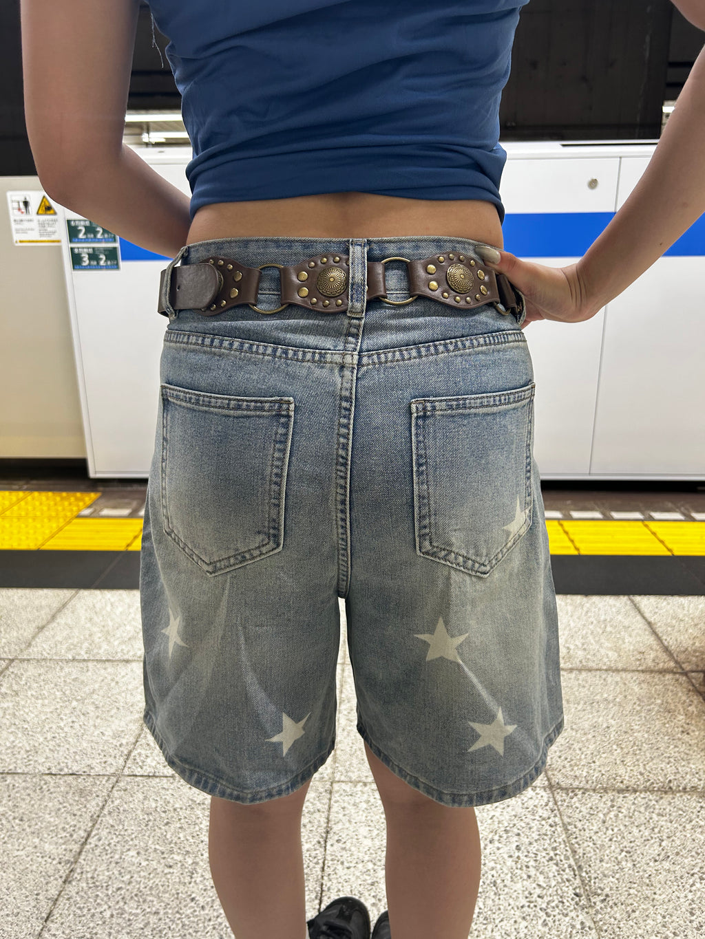 レトロスタープリントハーフデニムパンツ