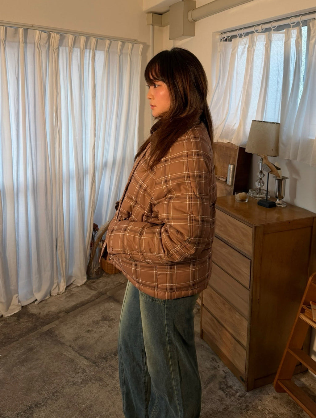 チェック柄コットンショートジャケット