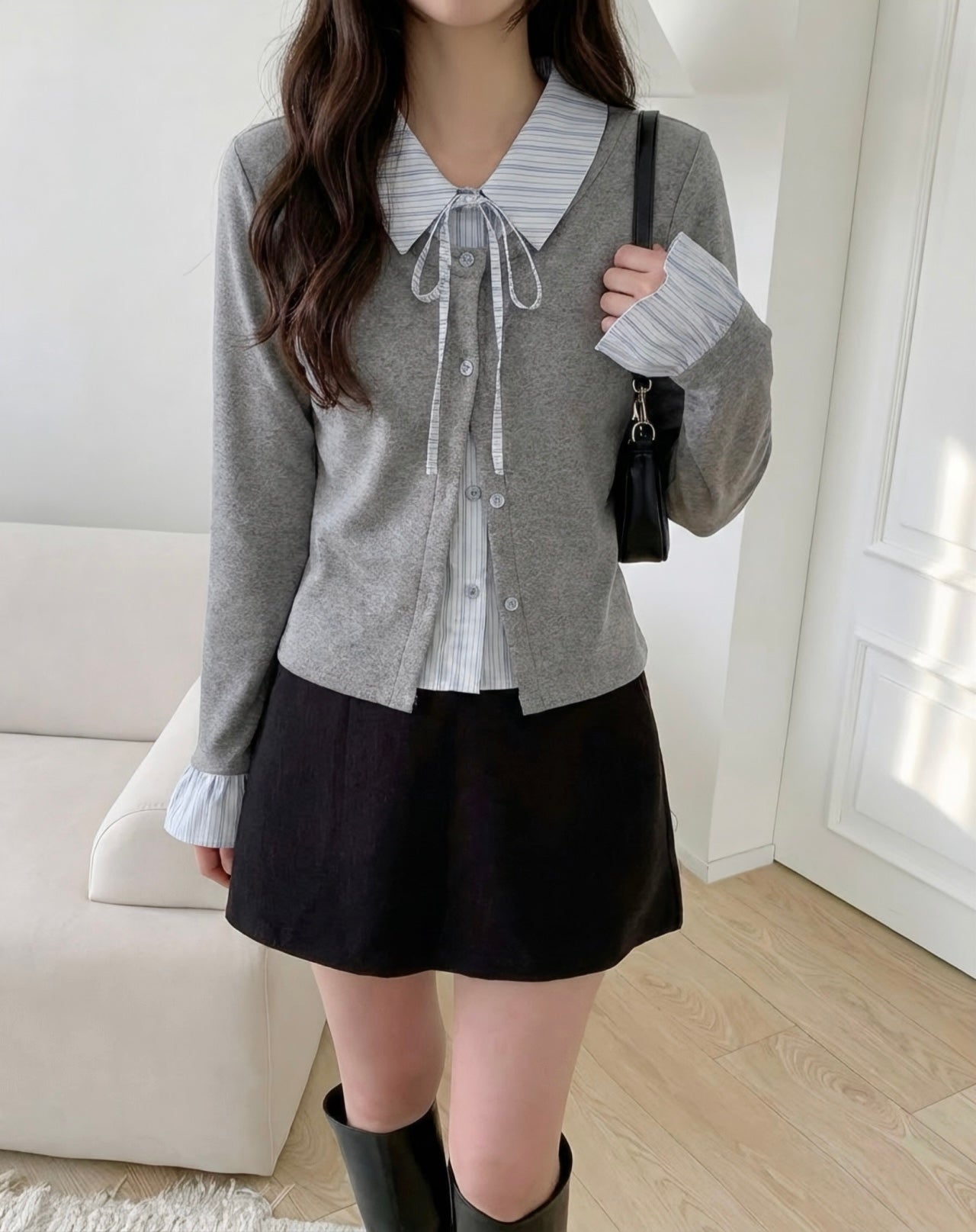 フェイクツーピースストライプポロカラーシャツ