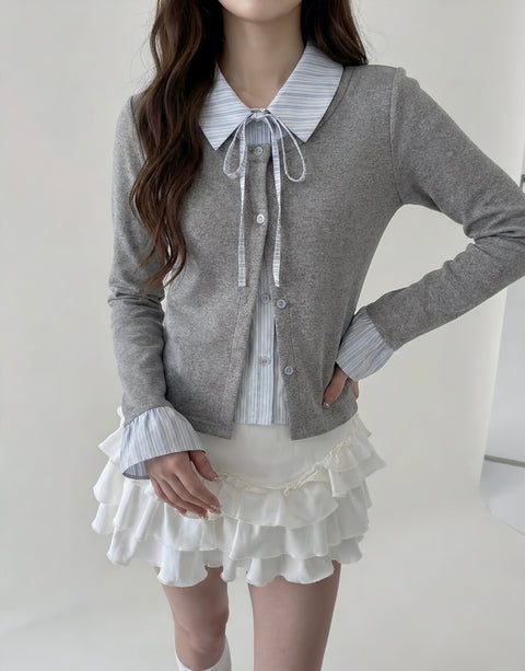 フェイクツーピースストライプポロカラーシャツ