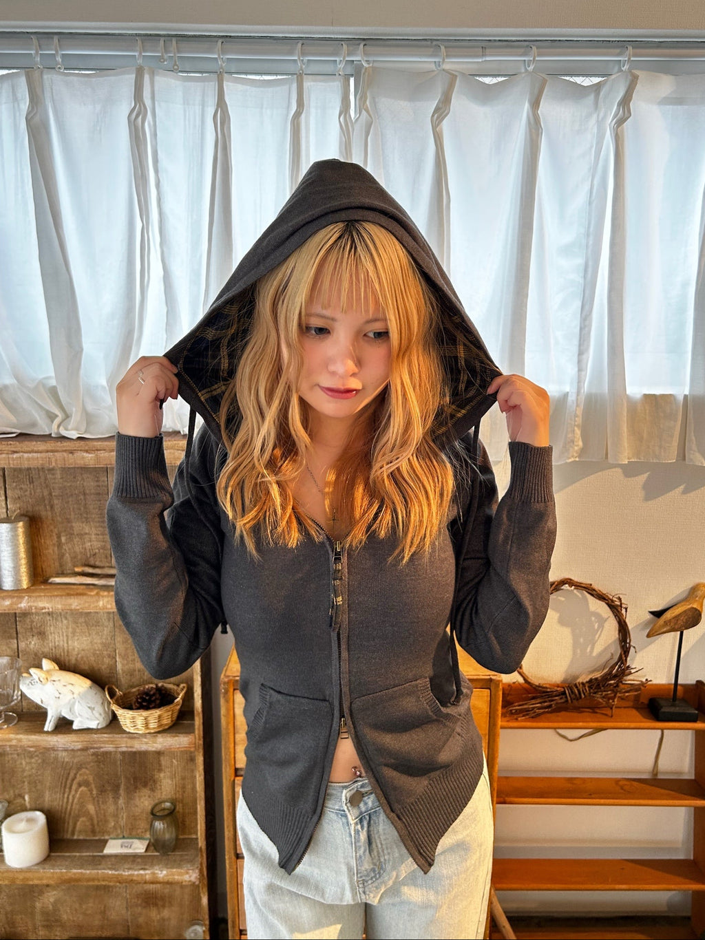 ヴィンテージチェック柄フード付きセーター