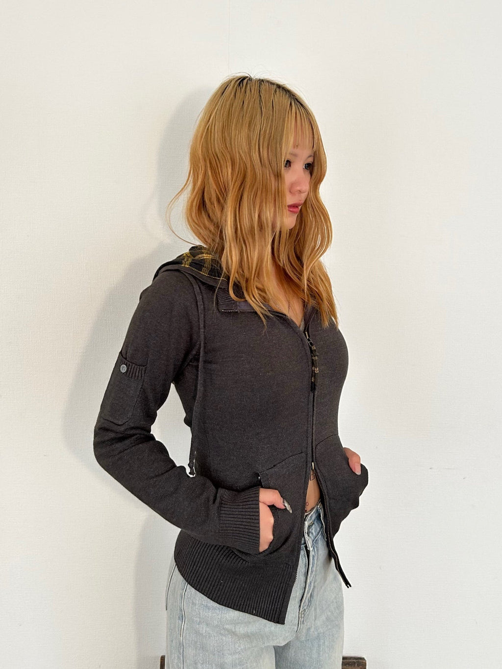 ヴィンテージチェック柄フード付きセーター