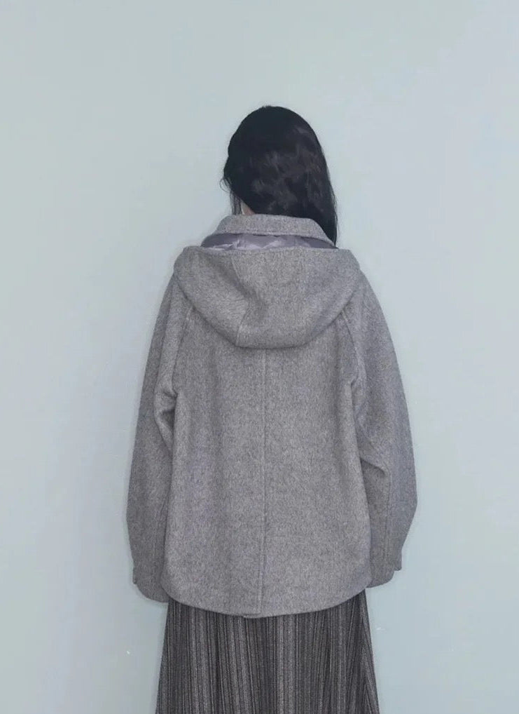 ダブルブレストフード付きウールコート