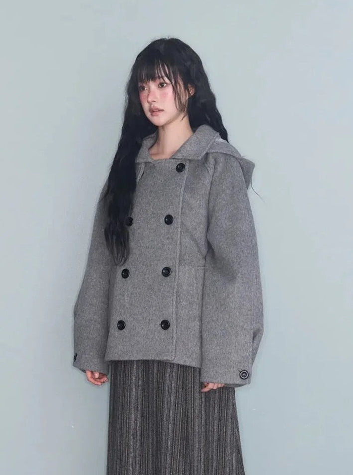 ダブルブレストフード付きウールコート