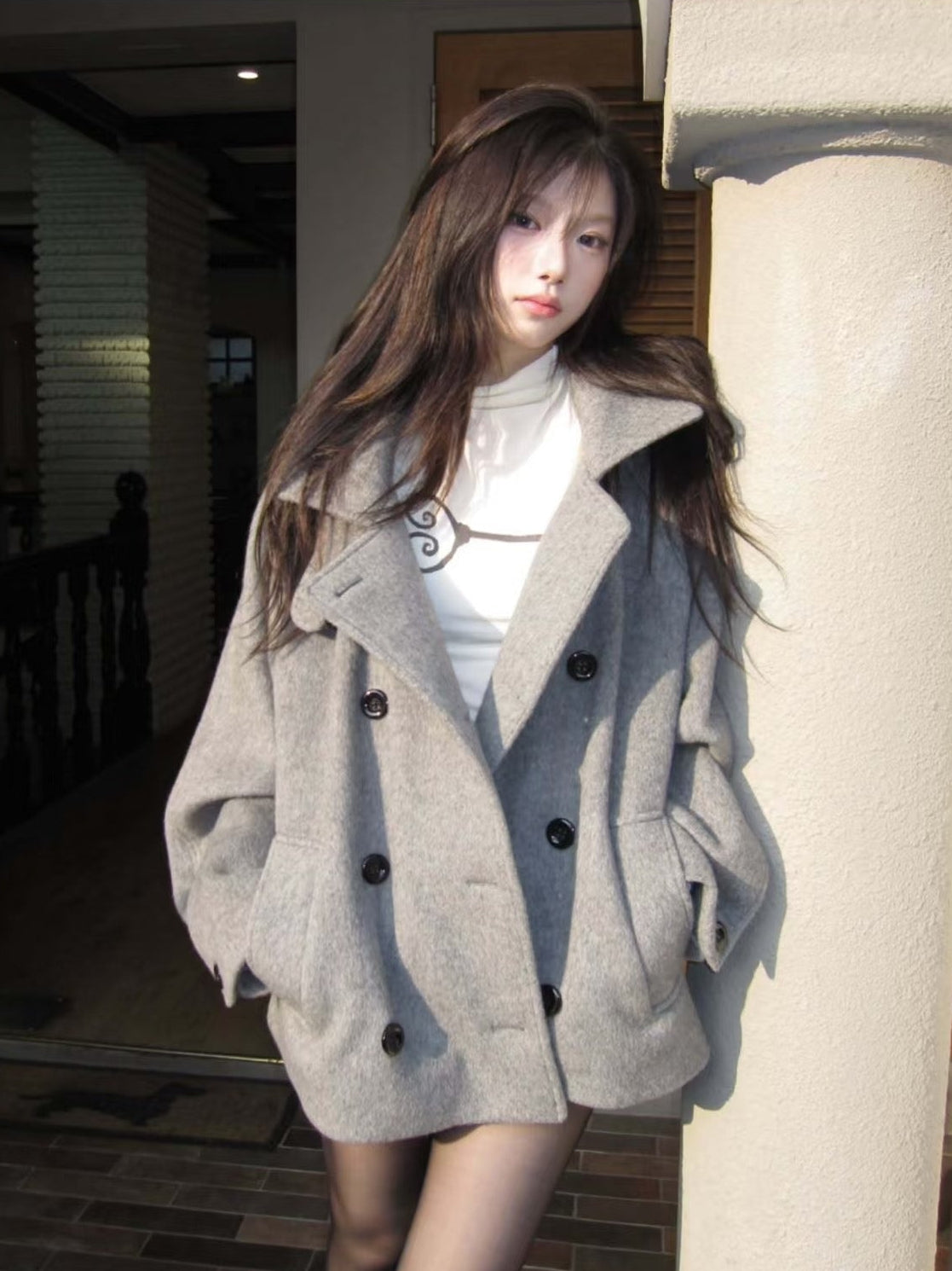 ダブルブレストフード付きウールコート – Meari cheek