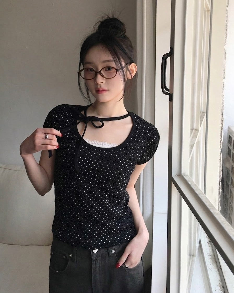 ドットクルーネックストラップTシャツ