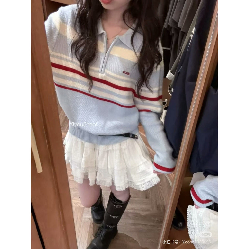 ストライプブルーポロニット