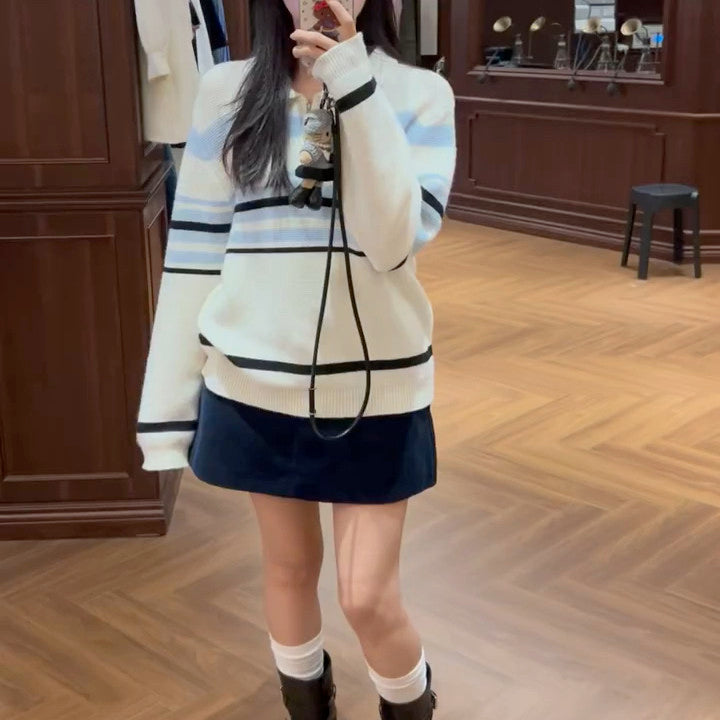 ストライプブルーポロニット