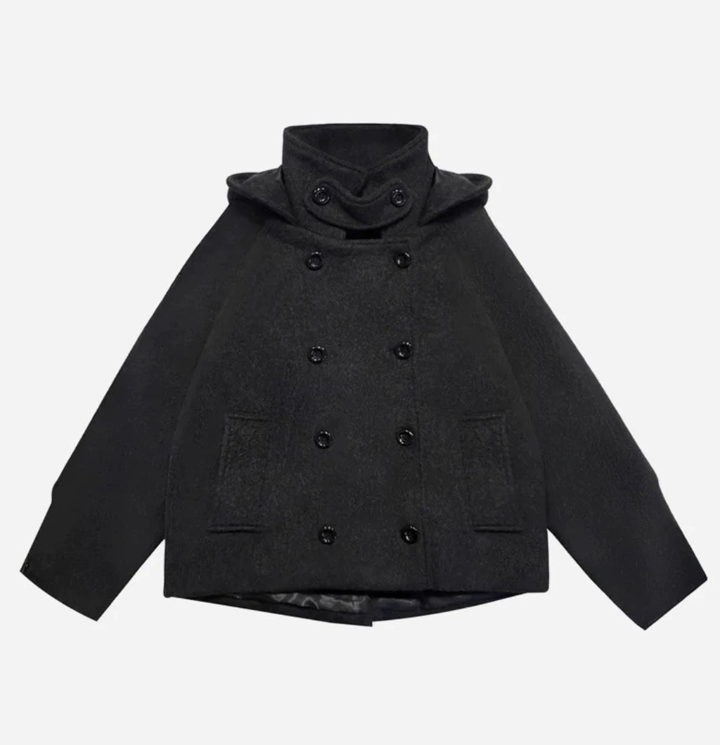 ダブルブレストフード付きウールコート