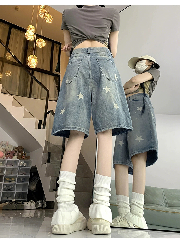レトロスタープリントハーフデニムパンツ